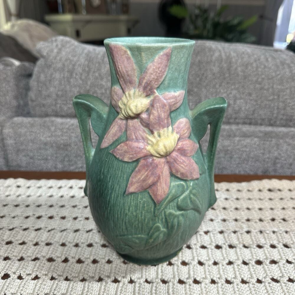 Vtg Roseville Pottery 1944 Clematis Vase Green Pink Flowers Handles #108-8